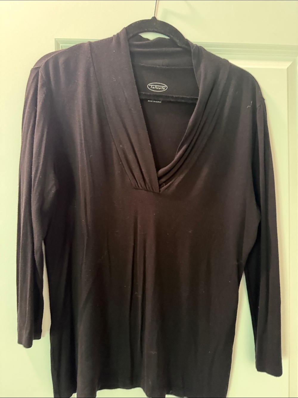 Talbots Black Draped Cowl-Neck Mid-Sleeve Top